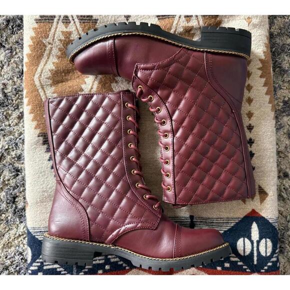 Shoes - Charlee Burgundy Quilted Lace Up Combat Boots Chain Trim Size 7